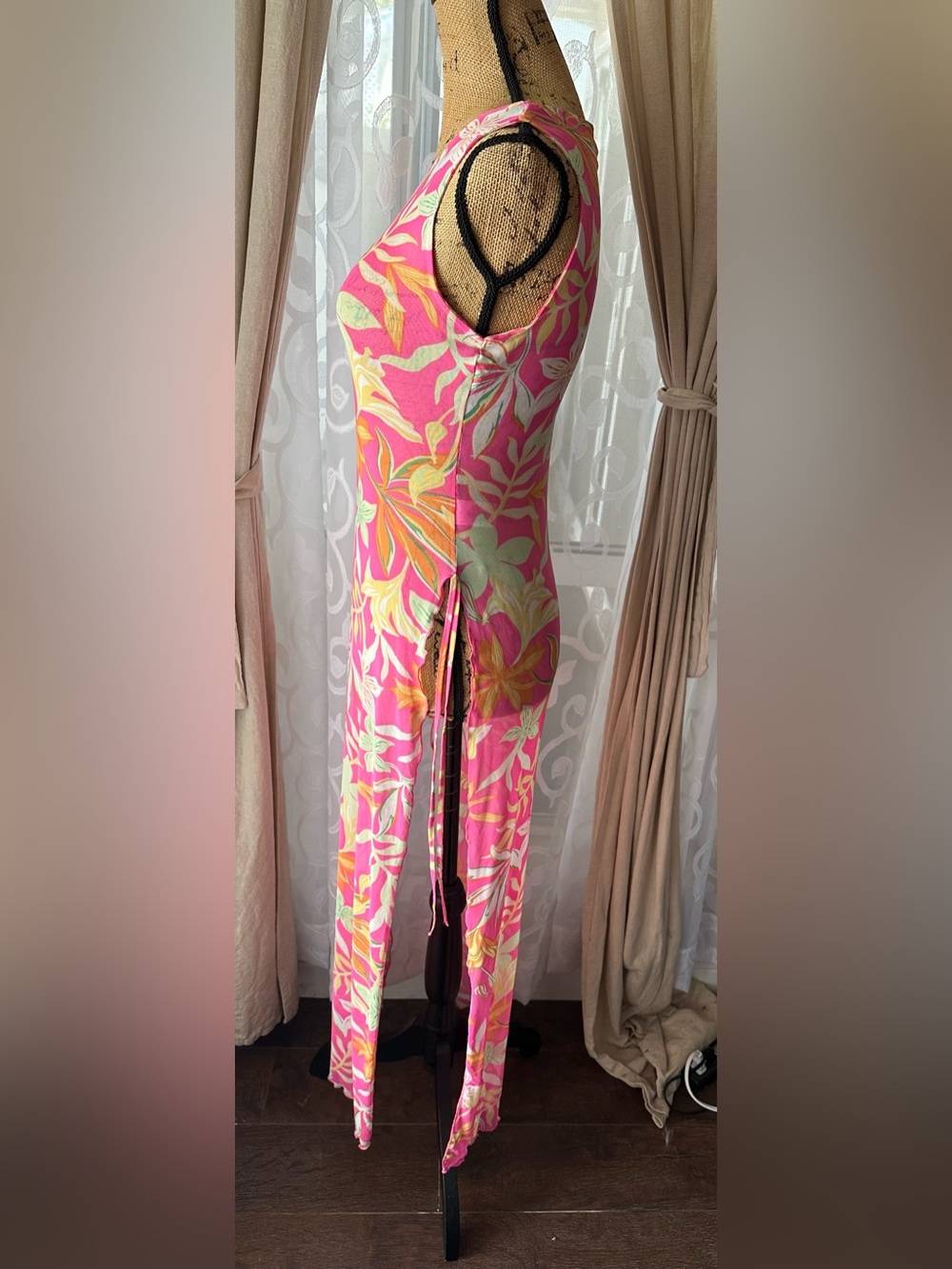 Derek Heart Pink Tropical Floral Swim Cover Up Dress Sz Small Side Tie Slits - Picture 4 of 8